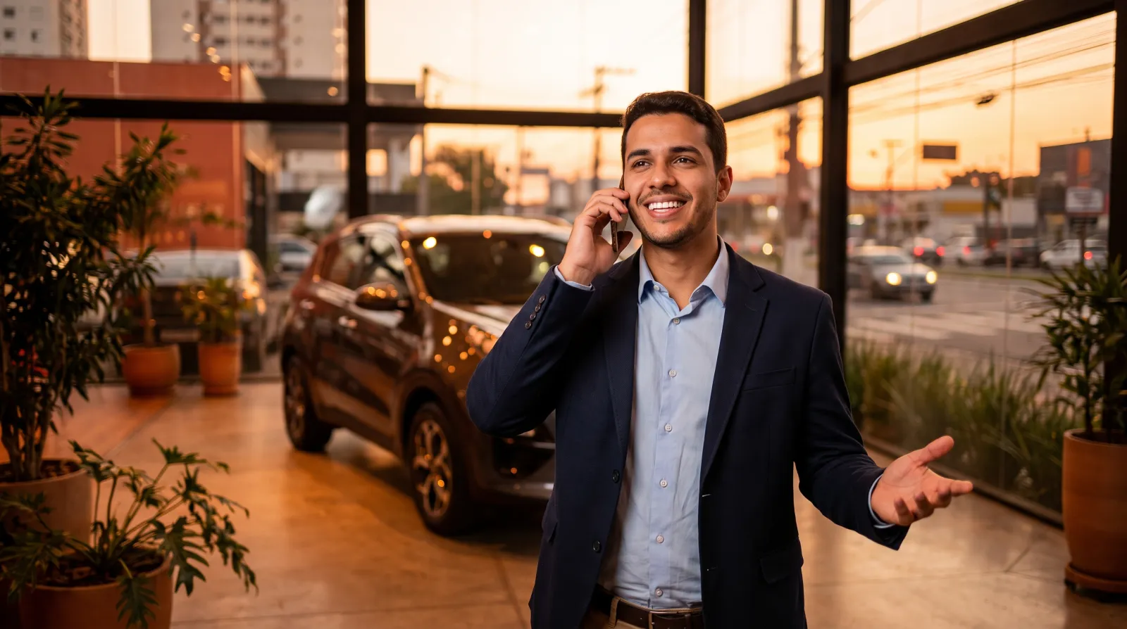 Vendedor de revenda de veículos respondendo cliente pelo celular ao lado de um carro no showroom