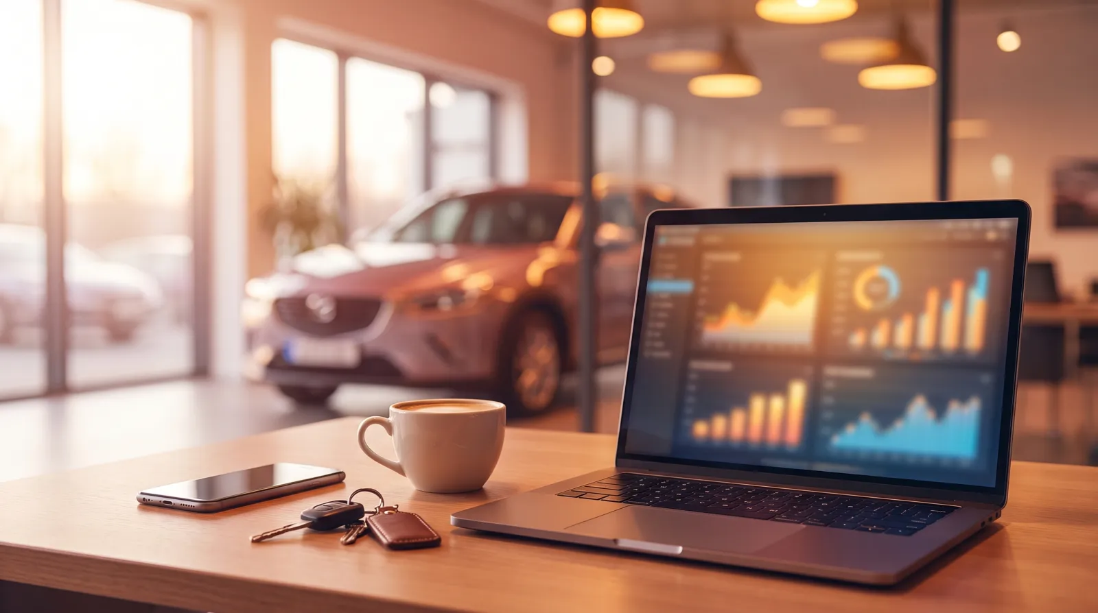 Vendedor de revenda de veículos usando um notebook no showroom, com carros ao fundo, organizando o estoque e os leads da loja