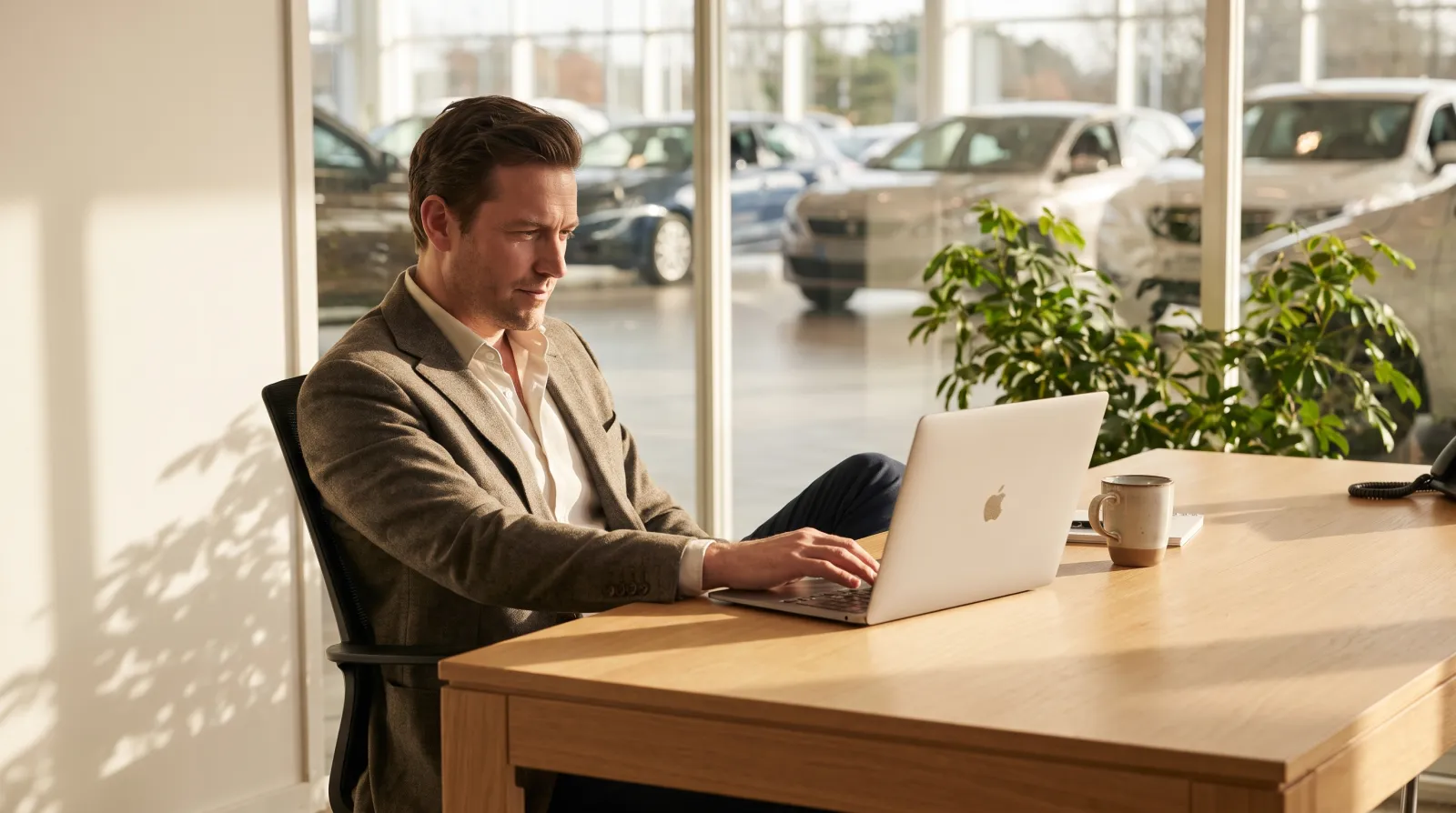 Dono de revenda tranquilo trabalhando num único laptop numa mesa organizada, com carros ao fundo
