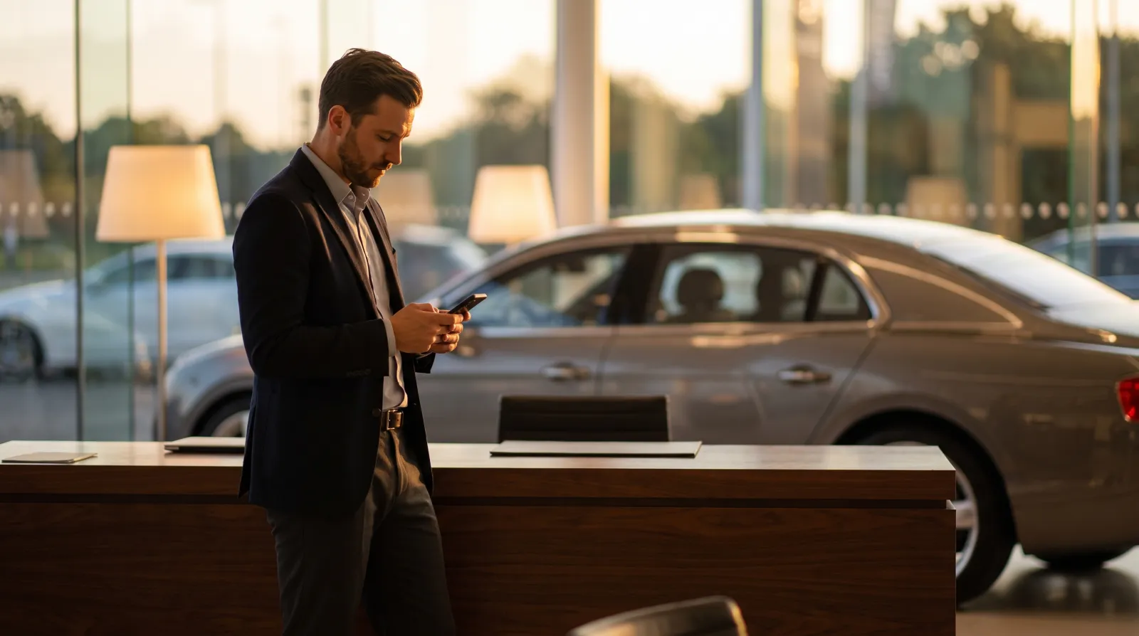 Vendedor de terno enviando uma proposta pelo celular ao lado de um carro premium, à noite