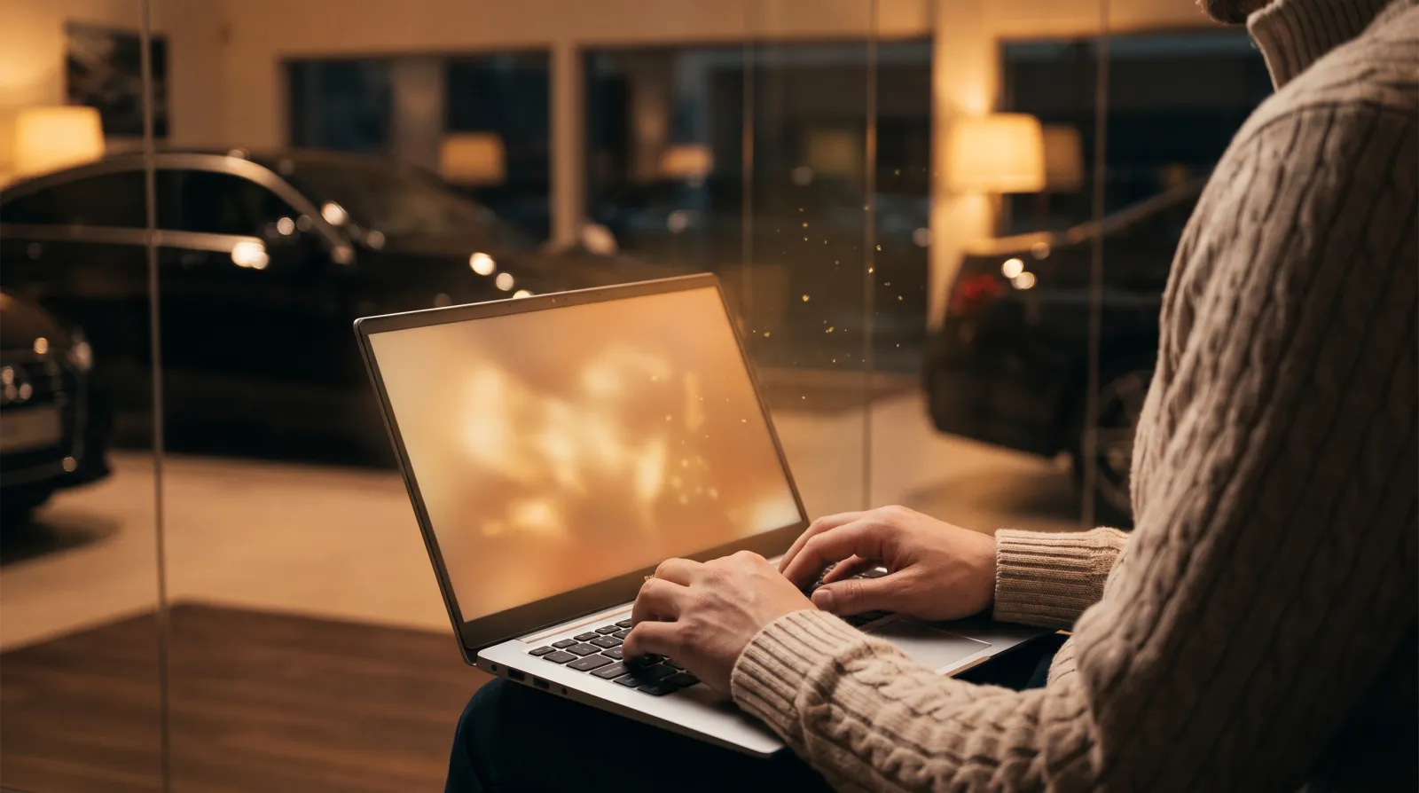 Vendedor de revenda de veículos usando notebook no showroom, com carros ao fundo, enquanto a inteligência artificial ajuda a montar os anúncios