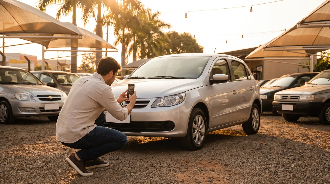 Dono de revenda fotografando um carro com o celular no pátio, ao entardecer