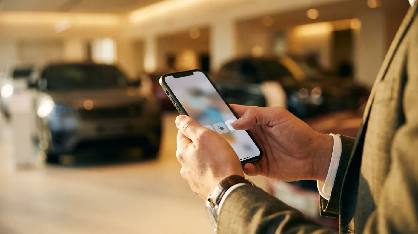 Mãos de um vendedor segurando o celular pra enviar a proposta de um veículo
