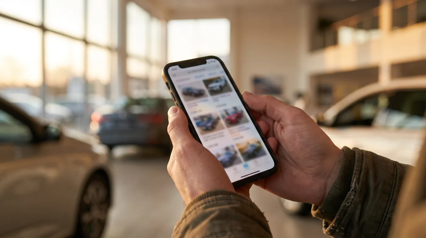 Mãos segurando um celular com uma grade de fotos de carros da loja