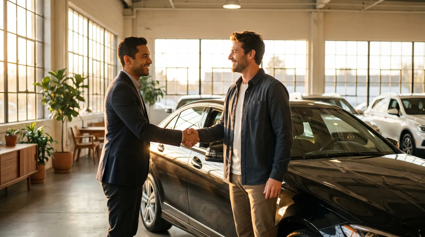 Vendedor apertando a mão de um cliente satisfeito ao lado de um carro no showroom