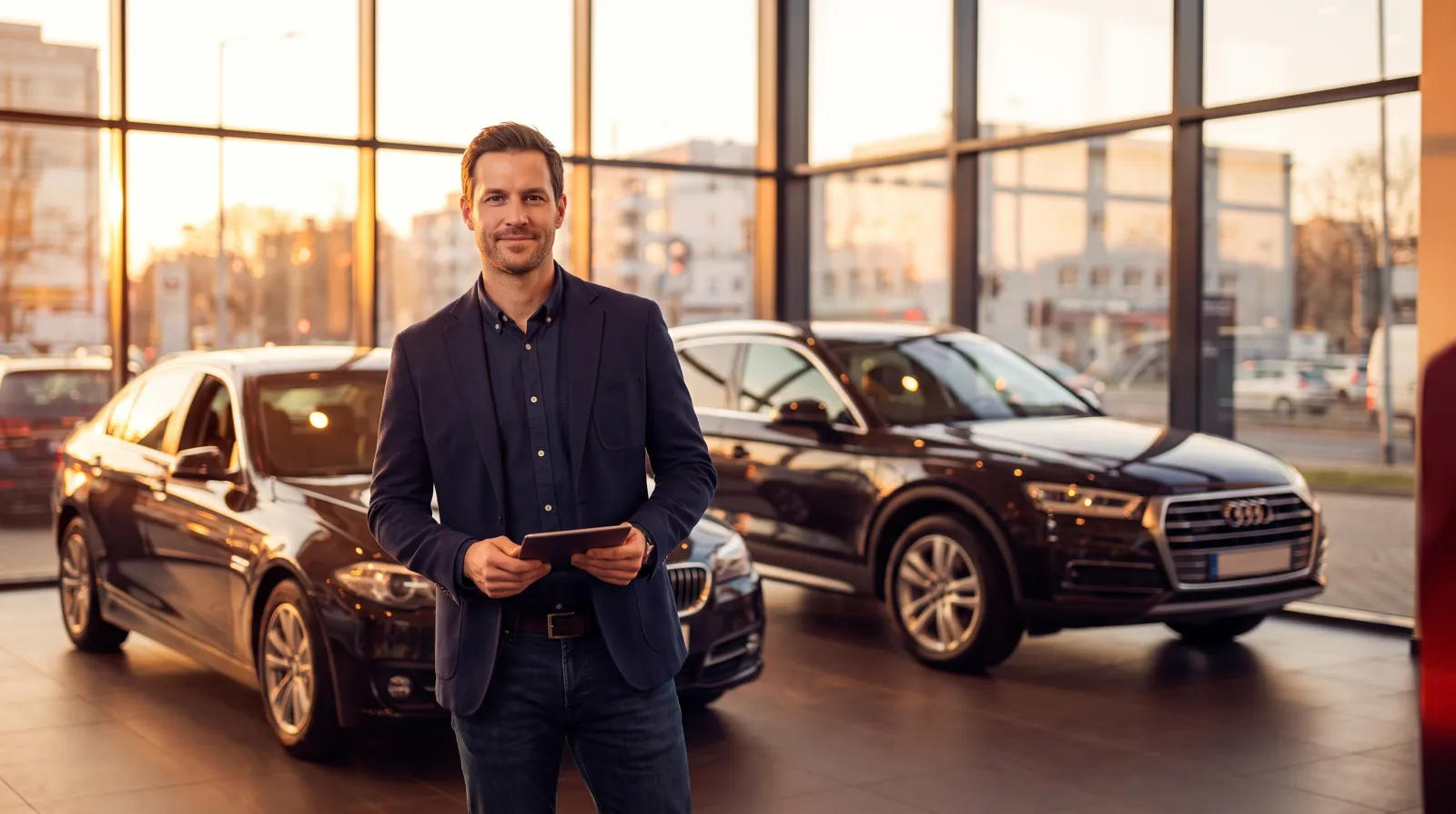 Dono de revenda de veículos com um tablet, em um showroom moderno com carros ao fundo