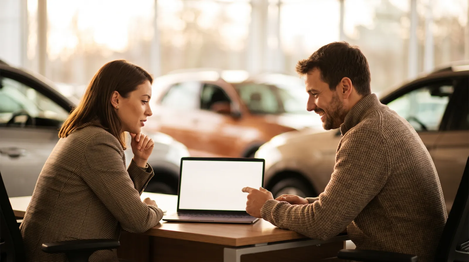 Dois colegas de uma revenda analisando uma campanha de marketing num laptop