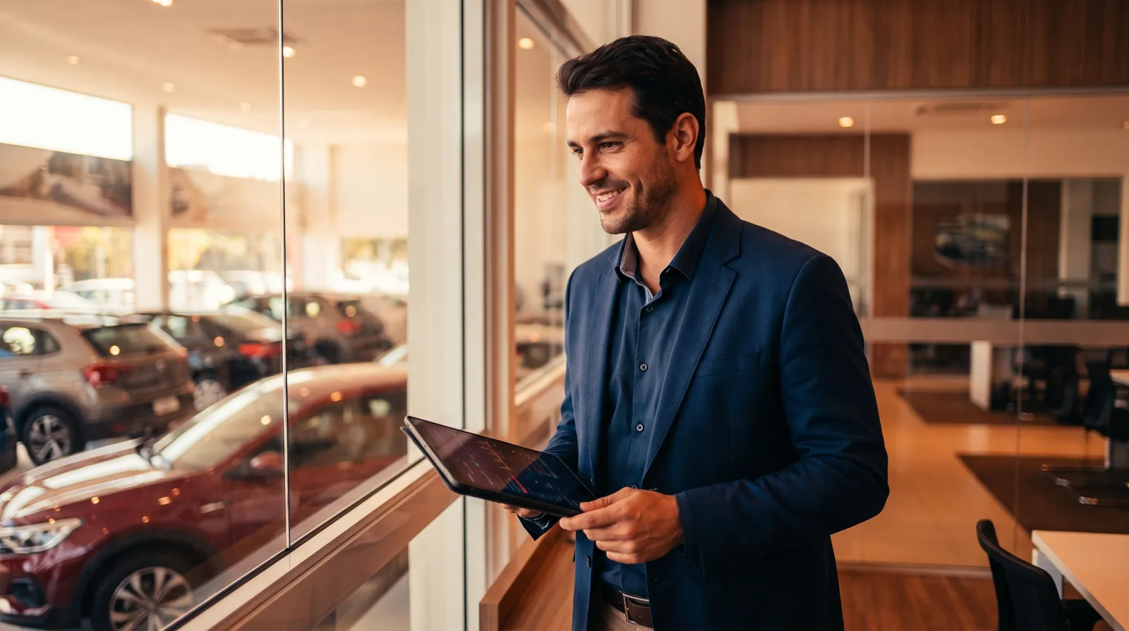 Dono de revenda de veículos analisando relatórios e metas de vendas no painel do CRM