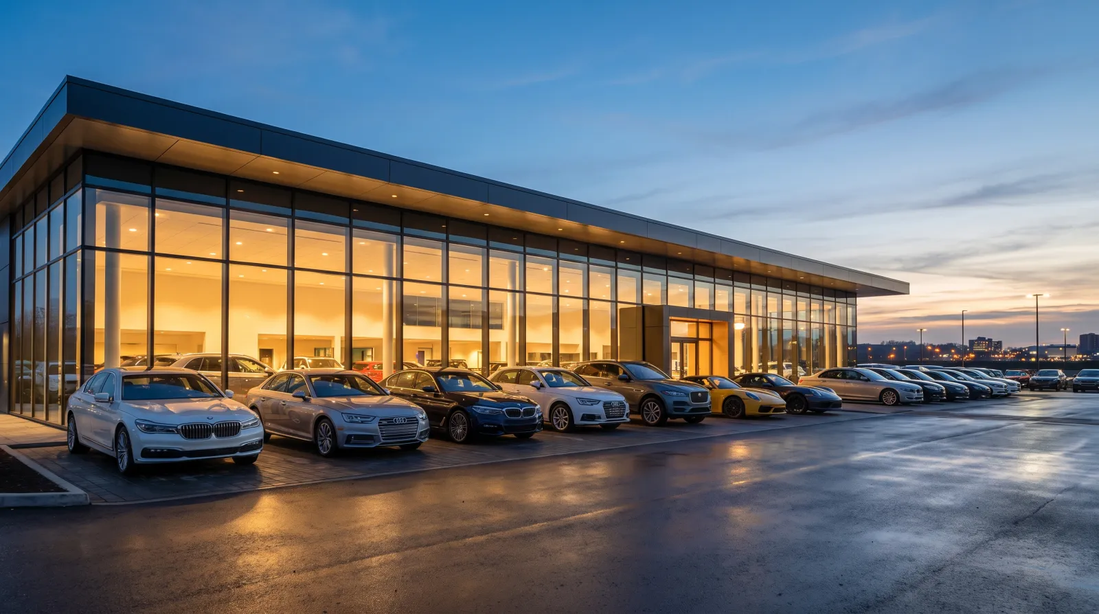 Vitrine de uma revenda de veículos moderna com carros seminovos alinhados e a fachada iluminada ao entardecer