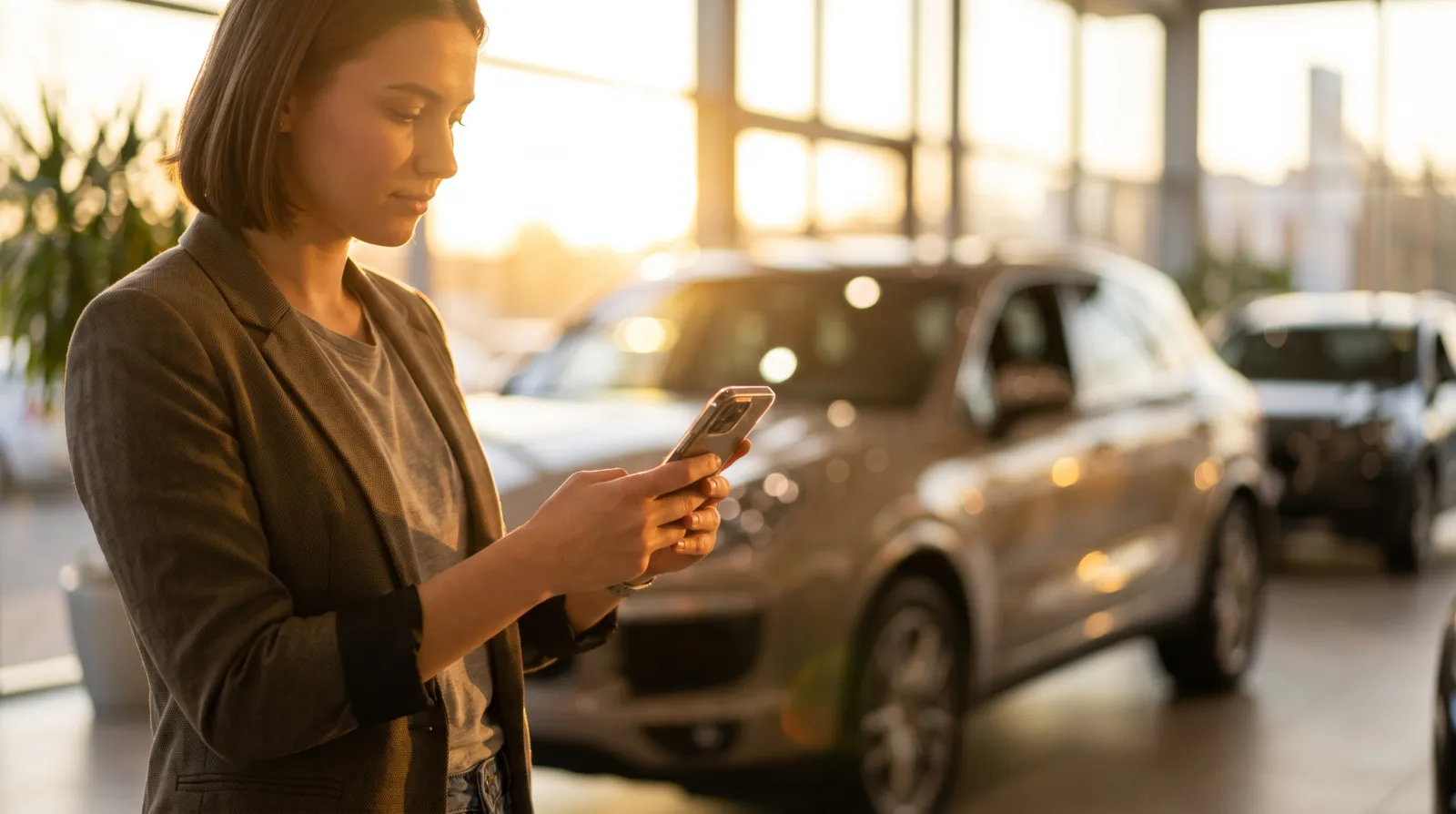 Profissional de marketing fotografando um carro no showroom com o celular pra postar nas redes